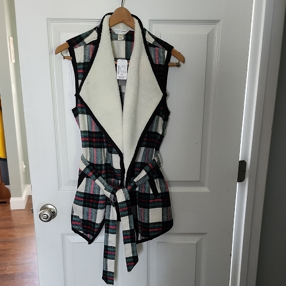 Christopher & Banks Cream Sherpa Vest with Plaid Accent